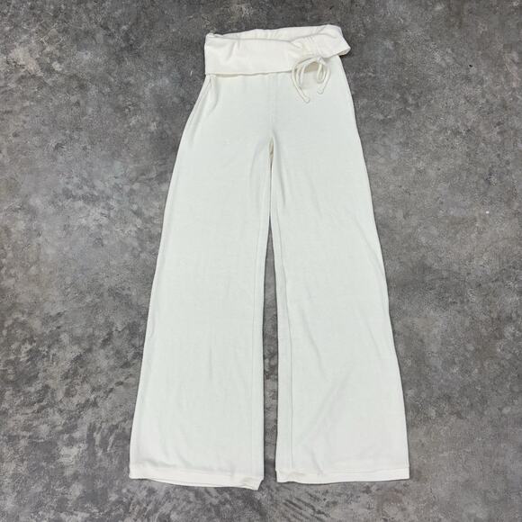 Out From Under Urban Outfitters Cream Soft Wide Leg Pants Fold Over Waist Bow S? - Picture 1 of 10
